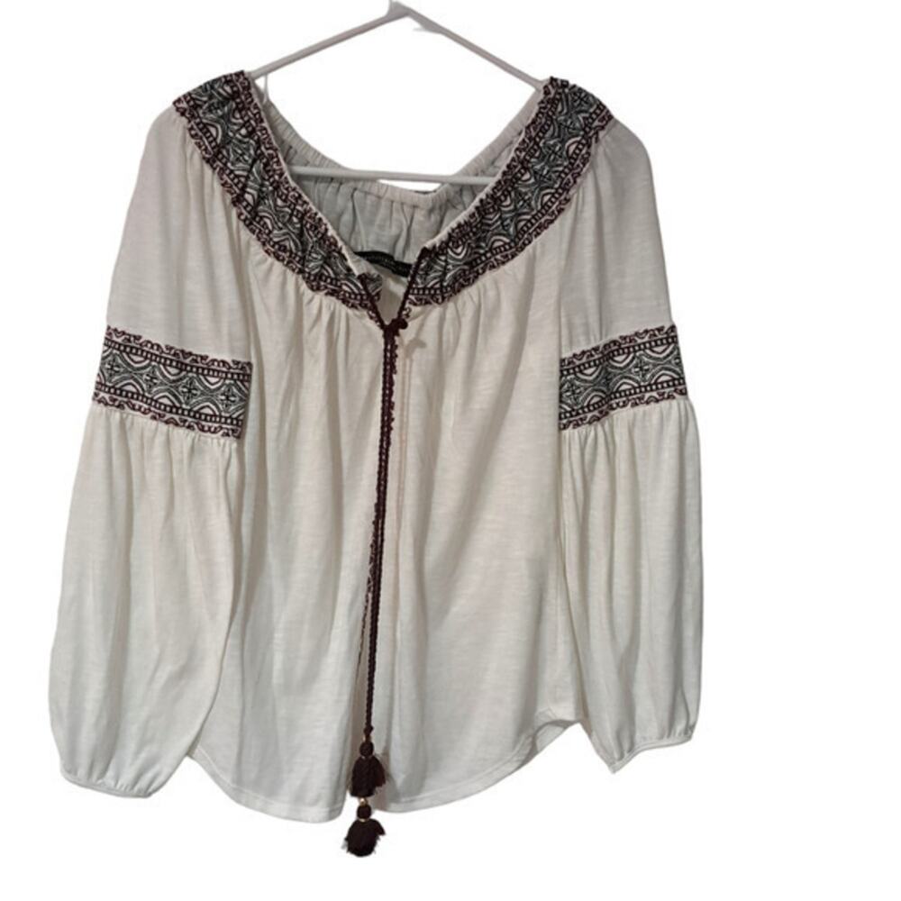 White House Black‎ Market Womens Long Sleeve Tassel-Tie Boho Blouse White Sz MP